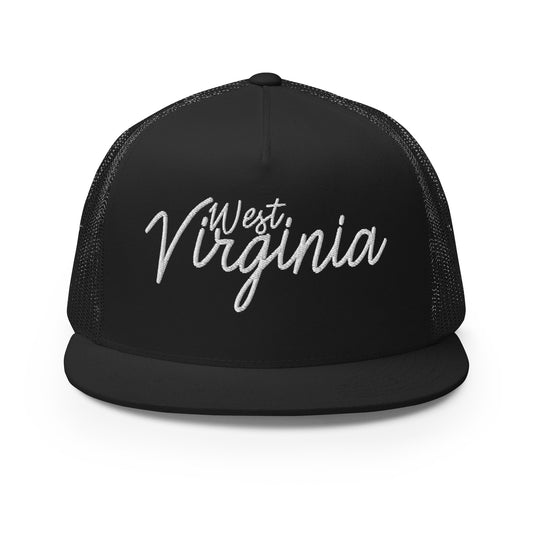 West Virginia Retro Script High 5 Panel A-Frame Snapback Trucker Hat