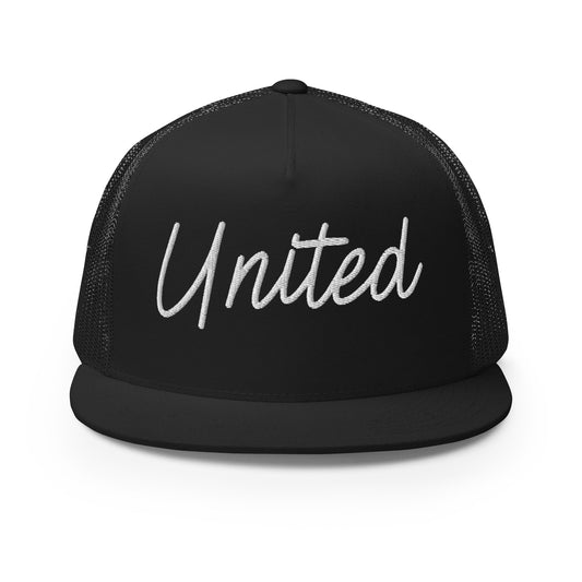 United States USA "United" Retro Script High 5 Panel A-Frame Snapback Trucker Hat
