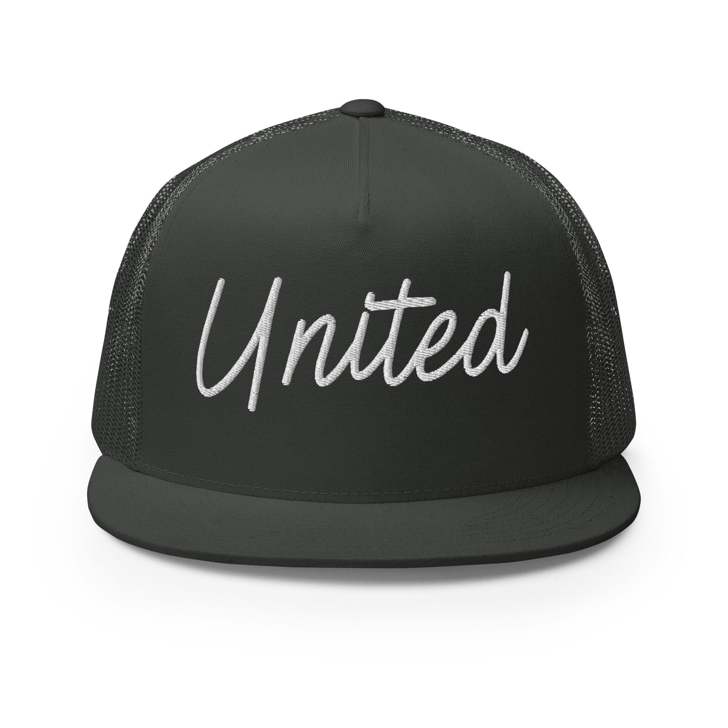 United States USA "United" Retro Script High 5 Panel A-Frame Snapback Trucker Hat