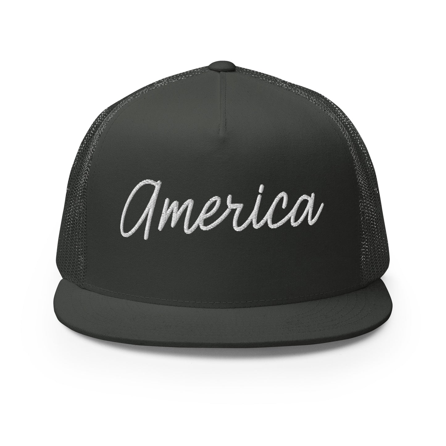 United States USA "America" Retro Script High 5 Panel A-Frame Snapback Trucker Hat