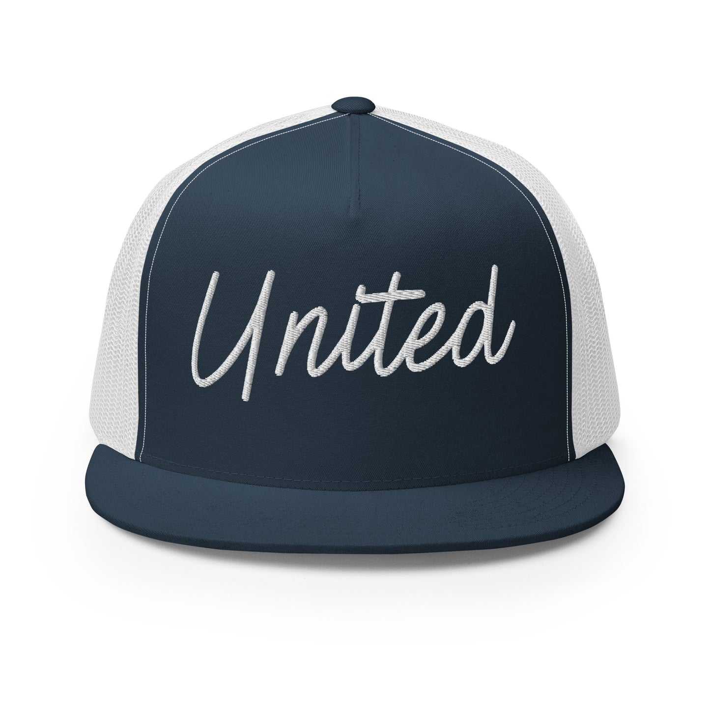 United States USA "United" Retro Script High 5 Panel A-Frame Snapback Trucker Hat