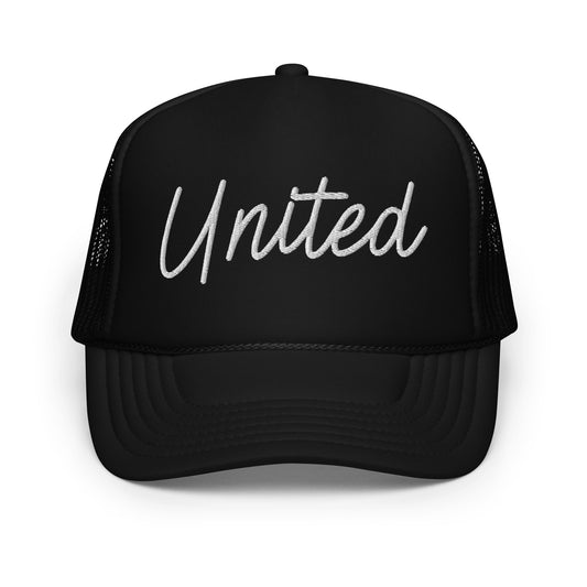 United States USA "United" Retro Script Foam 5 Panel A-Frame Snapback Trucker Hat