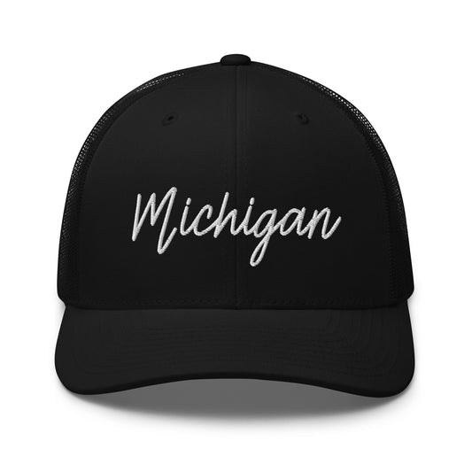 Michigan Retro Script Mid 6 Panel Snapback Trucker Hat