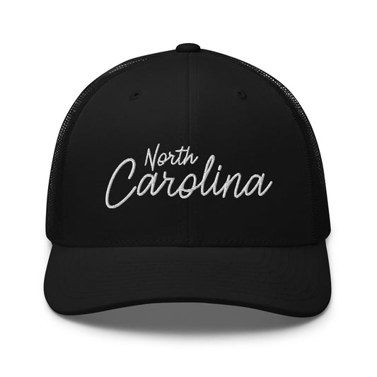 North Carolina Retro Script Mid 6 Panel Snapback Trucker Hat