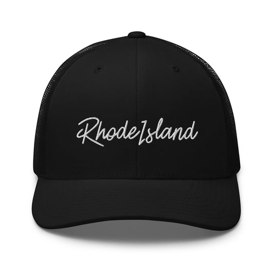 Rhode Island Retro Script Mid 6 Panel Snapback Trucker Hat