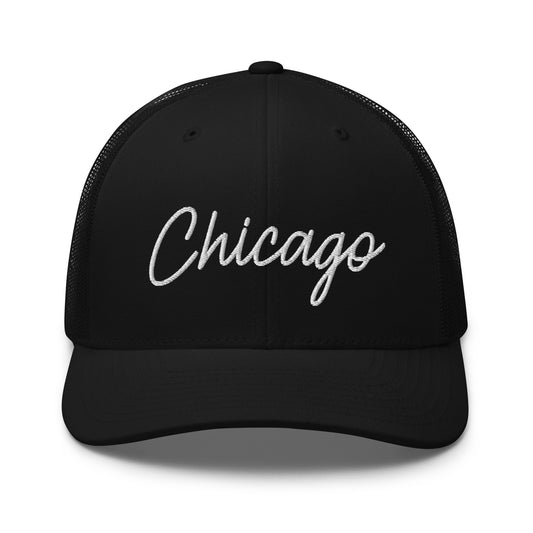 Chicago Retro Script Mid 6 Panel Snapback Trucker Hat