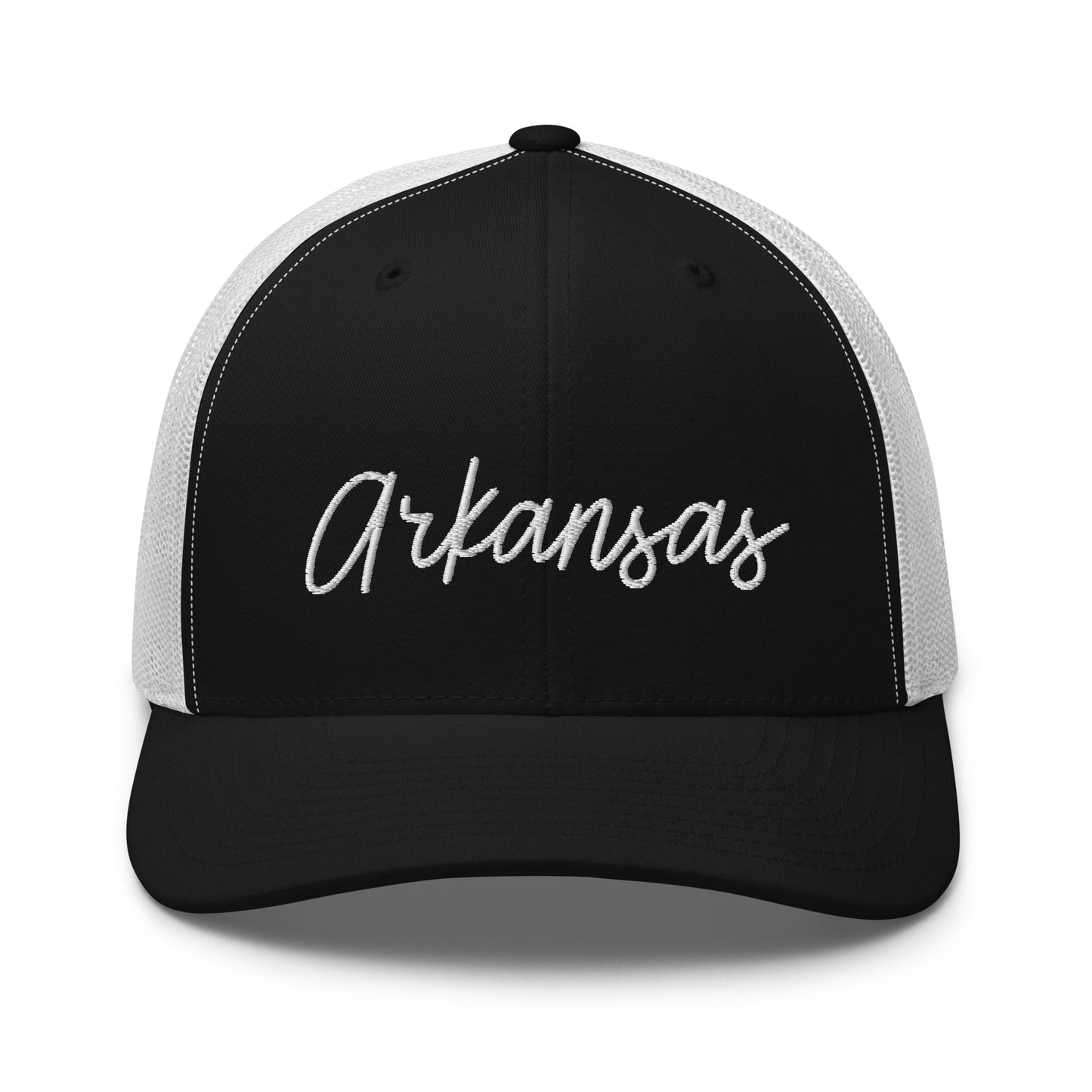 Arkansas Retro Script Mid 6 Panel Snapback Trucker Hat