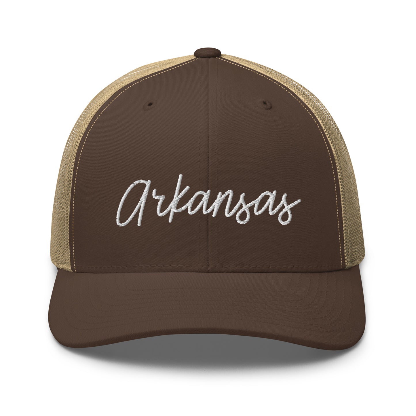 Arkansas Retro Script Mid 6 Panel Snapback Trucker Hat