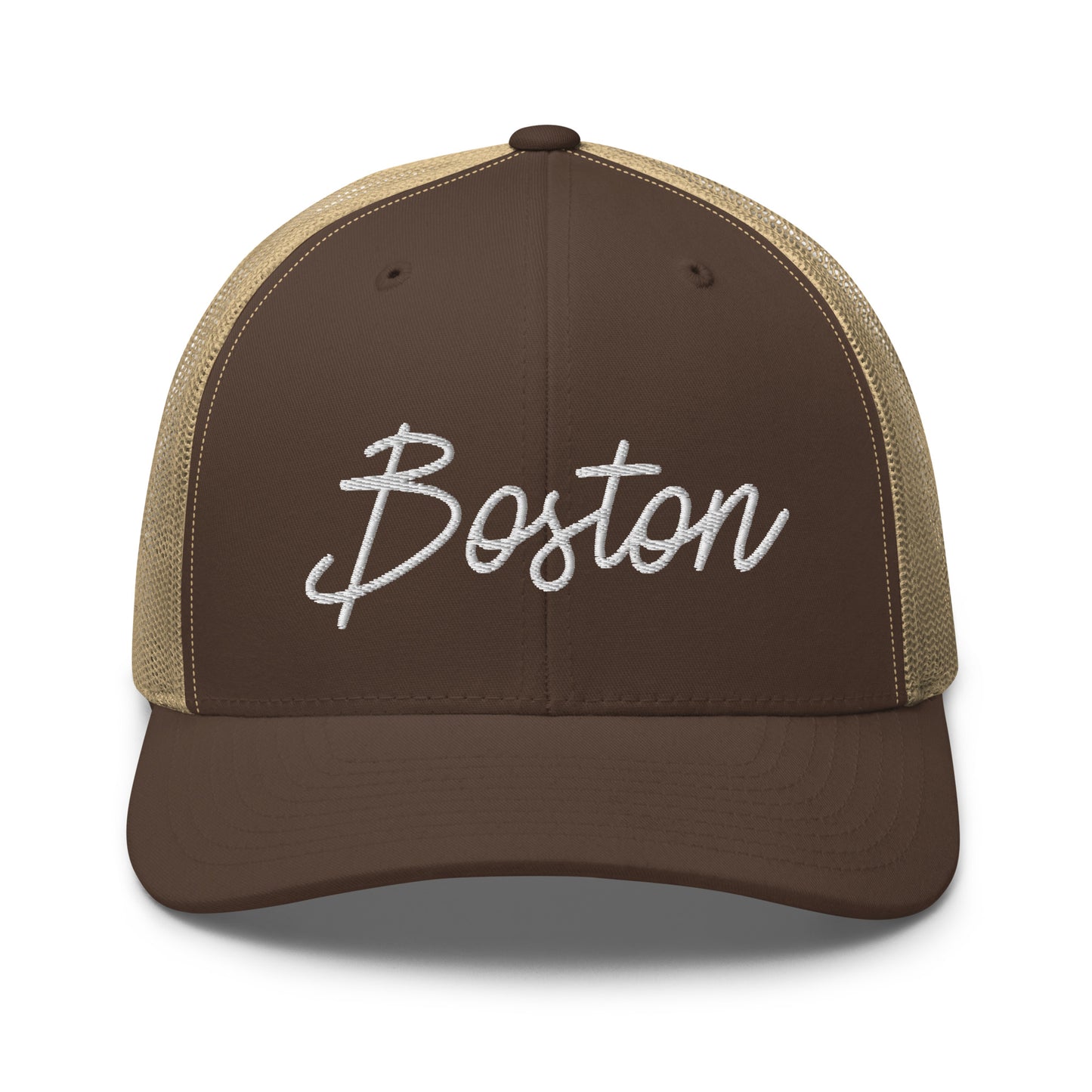 Boston Retro Script Mid 6 Panel Snapback Trucker Hat