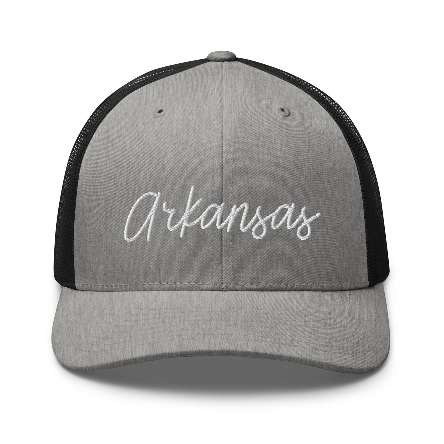 Arkansas Retro Script Mid 6 Panel Snapback Trucker Hat