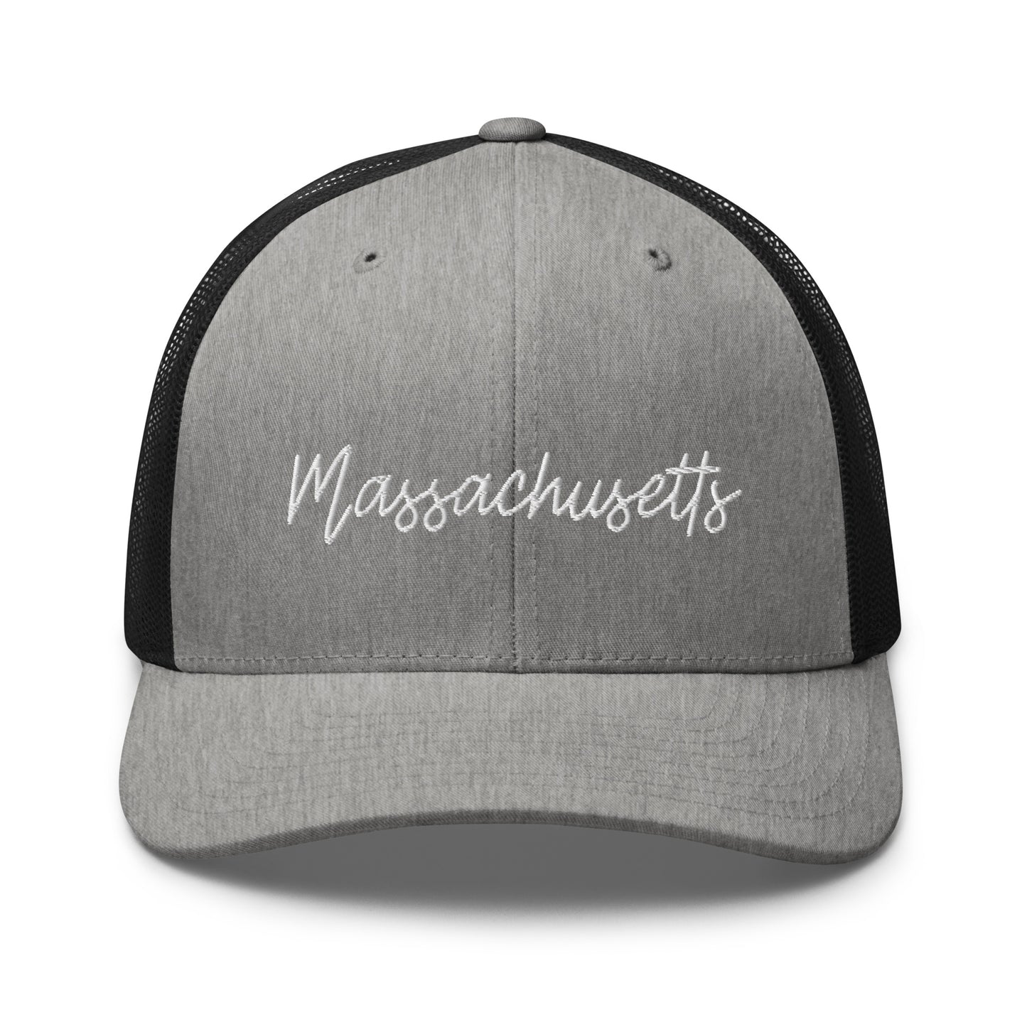 Massachusetts Retro Script Mid 6 Panel Snapback Trucker Hat