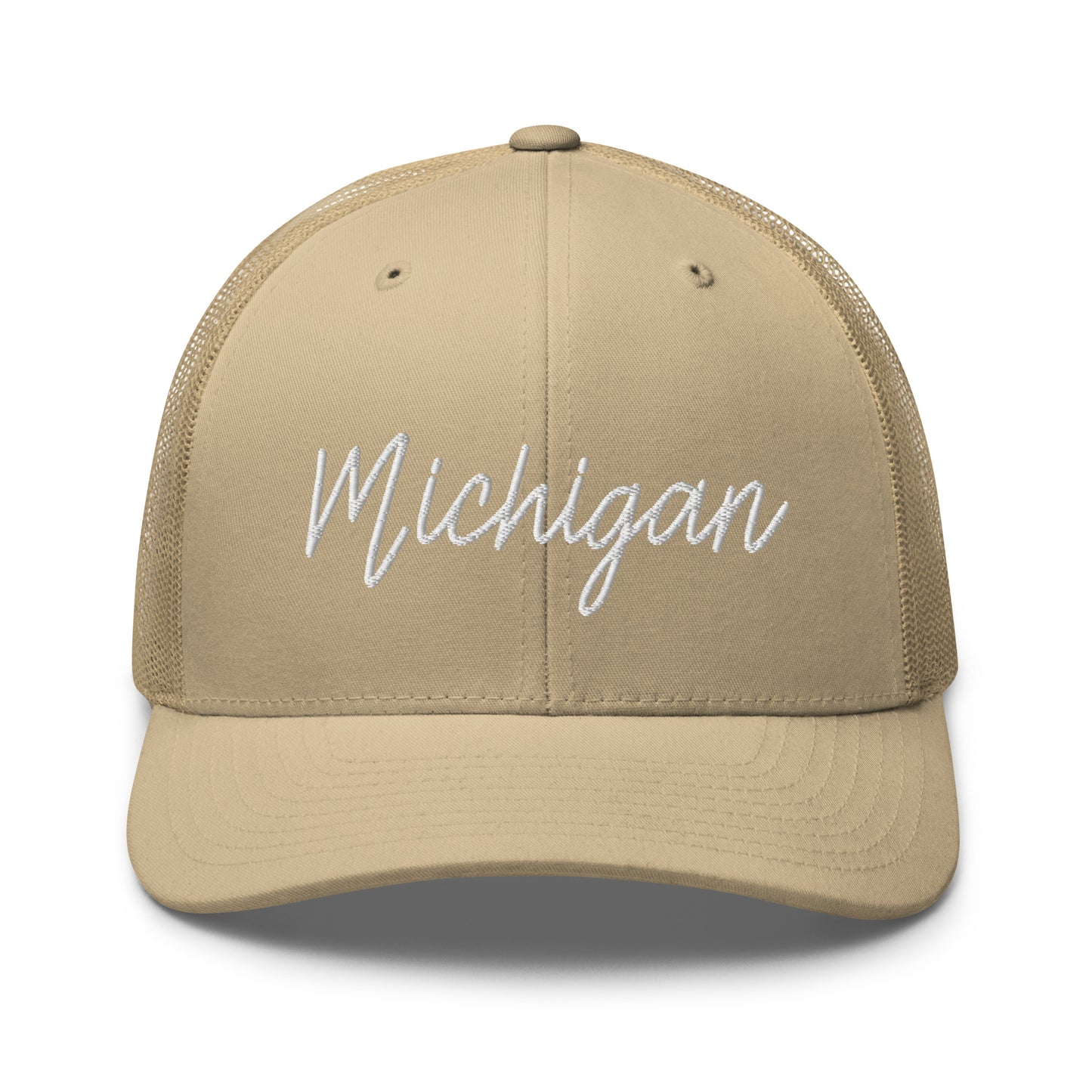 Michigan Retro Script Mid 6 Panel Snapback Trucker Hat