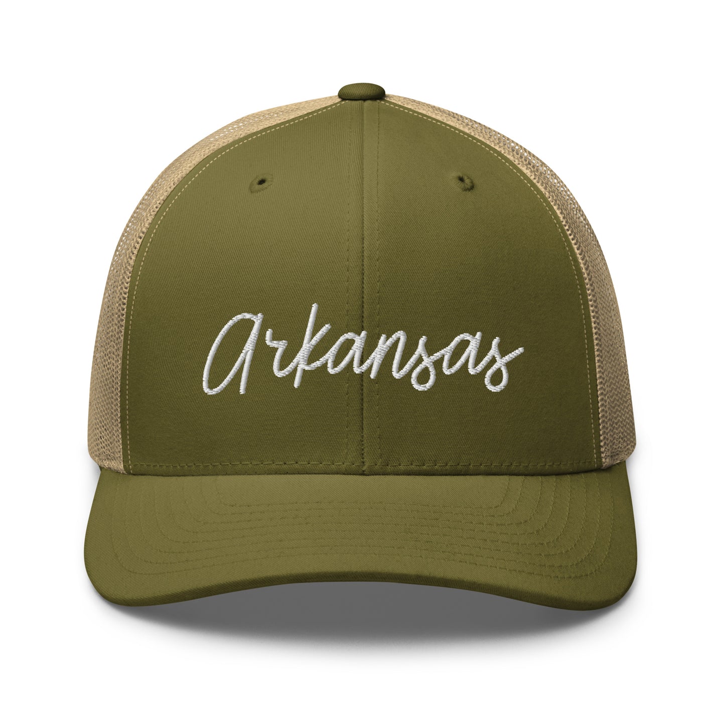 Arkansas Retro Script Mid 6 Panel Snapback Trucker Hat