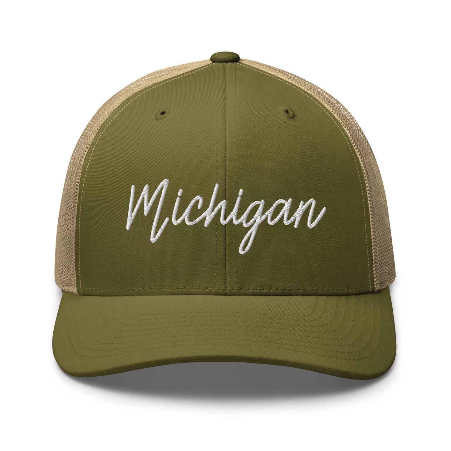 Michigan Retro Script Mid 6 Panel Snapback Trucker Hat