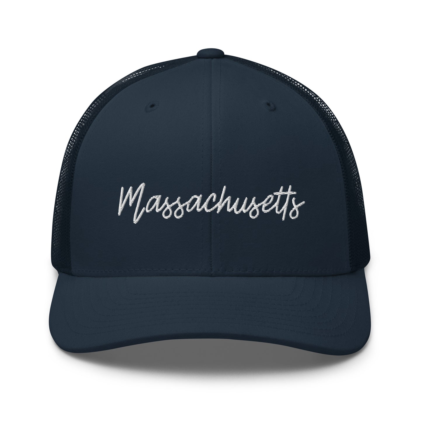 Massachusetts Retro Script Mid 6 Panel Snapback Trucker Hat