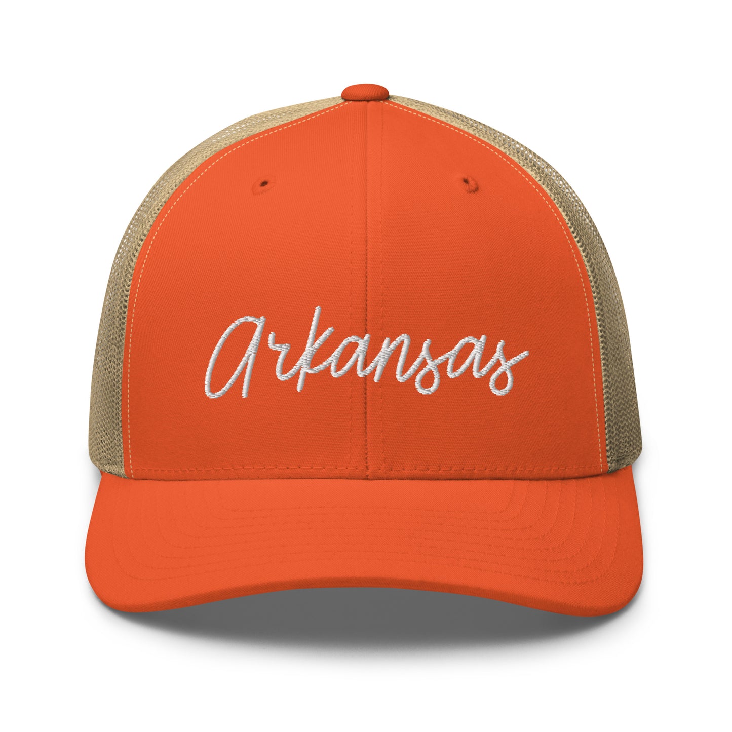 Arkansas Retro Script Mid 6 Panel Snapback Trucker Hat